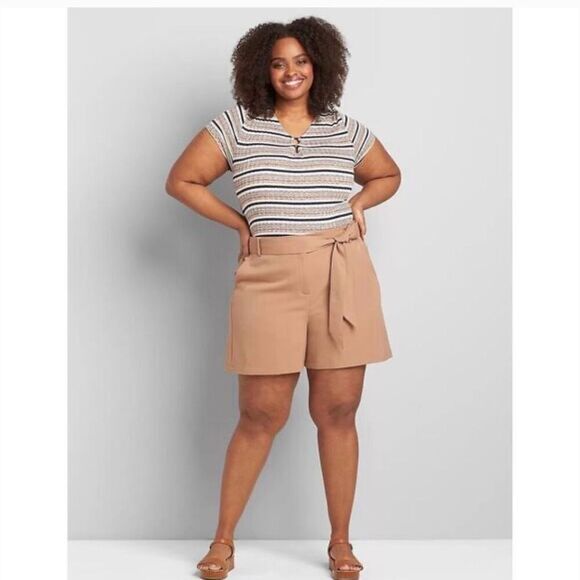 NEW Lane Bryant‎ Perfect Drape Shorts Size 14 Paperbag Tie Waist Khaki tan - Picture 1 of 9